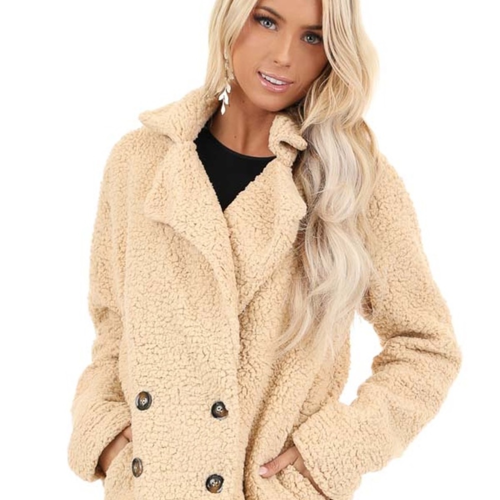 Oatmeal Sherpa Style Button Up Collared Coat Jacket with Pockets